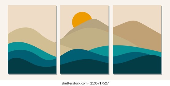 Set Abstract Landscape of Mountains and Rivers with the Sun in a Minimal Trendy Style. Vector Background in Terracotta Colors for covers, Posters, Postcards, social media Stories