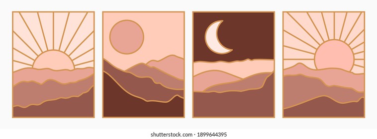 Set Abstract Landscape of Mountains with the Sun and Moon in a Minimal Trendy Style. Vector Background in Terracotta Colors for covers, Posters, Postcards, social media Stories. Boho Art Prints.