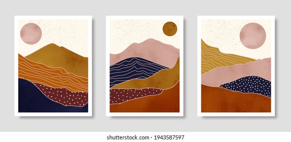 Conjunto de paisajes abstractos de las montañas con el sol en un estilo minimalista a la moda. Fondo vectorial en colores terracota