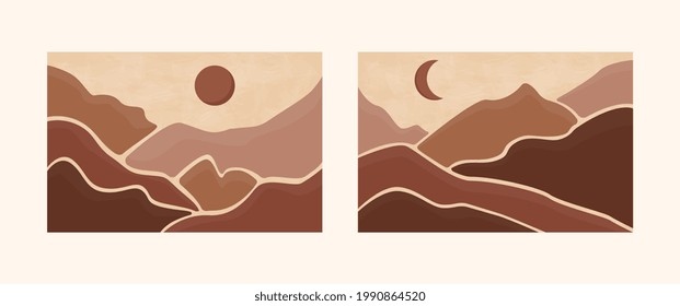 Set abstrakter Landschaftspopster. Ästhetische Hintergrund-Landschaft mit Bergen. Artfarben, gebrannte Orange, Terrakotta-Farben, Pastelltöne. Moderner minimalistischer Kunstdruck. Boho Wanddekor.