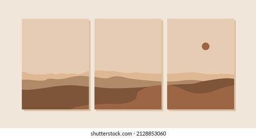Set of abstract landscape posters. Modern background flat design, contemporary boho mountains minimalist wall decor.