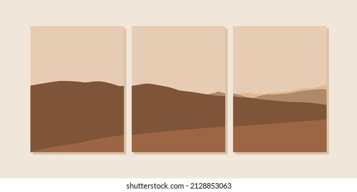 Set of abstract landscape posters. Modern background flat design, contemporary boho mountains minimalist wall decor.