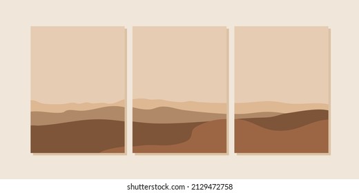 Conjunto de afiches paisajísticos abstractos. Diseño de fondo moderno, decoración contemporánea de pared minimalista de las montañas boho.