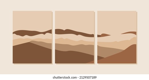 Set of abstract landscape posters. Modern background flat design, contemporary boho mountains minimalist wall decor.