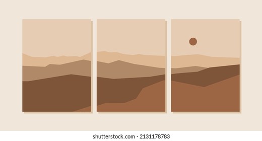 Set of abstract landscape posters. Modern background flat design, contemporary boho mountains minimalist wall decor.