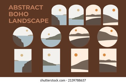 Set of abstract landscape posters. Modern background flat design, contemporary boho mountains minimalist wall decor.