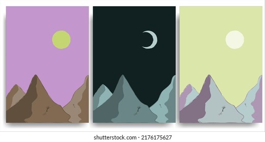 Set of abstract landscape posters. Modern background flat design, contemporary boho sun moon and desert mountains minimalist wall decor. Vector art print