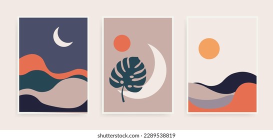 Conjunto de afiches paisajísticos abstractos. Diseño plano de fondo moderno. La moderna luna de boho y la decoración minimalista de la pared de las montañas.