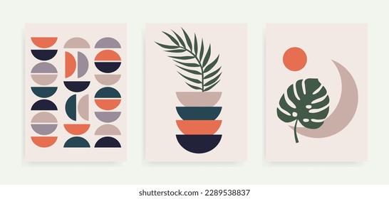 Set of abstract landscape posters. Modern background flat design. Botanical wall art vector set