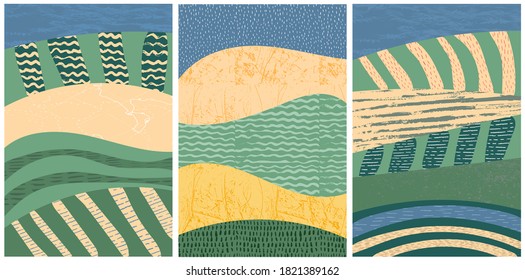 Set of abstract landscape vector background illustration. Countryside with colorful texture. Bundle of decorative eco cards. Nature, ecology, organic, environment banners, postcard, poster design