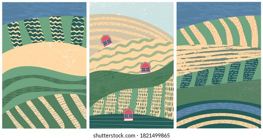 Set of abstract landscape vector background illustration. Countryside with colorful texture. Bundle of decorative eco cards. Nature, ecology, organic, environment banners, postcard, poster design