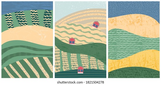 Set of abstract landscape vector background illustration. Countryside with colorful texture. Bundle of decorative eco cards. Nature, ecology, organic, environment banners, postcard, poster design