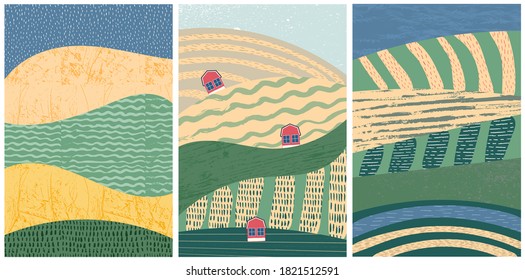 Set Of Abstract Landscape Vector Background Illustration. Countryside With Colorful Texture. Bundle Of Decorative Eco Cards. Nature, Ecology, Organic, Environment Banners, Postcard, Poster Design