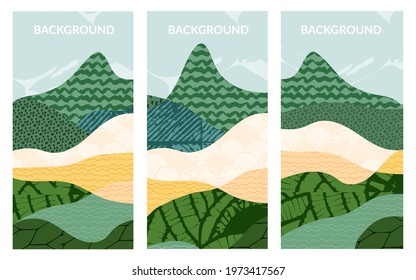 Set of abstract landscape vector background illustration. Countryside with colorful texture. Bundle of decorative eco cards. Nature, ecology, organic, environment banners, postcard, poster design