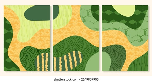 Set of abstract landscape vector background illustration. Countryside with colorful texture. Bundle of decorative eco cards. Nature, ecology, organic, environment banners, postcard, poster design