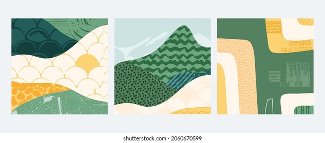Set von abstrakter Landschaft, Vektorgrafik sozialer Medien Hintergrund. Landschaft mit bunter Textur. Paket mit dekorativen Öko-Karten. Natur, Ökologie, Bio, Umweltpostkarte, Plakatdesign