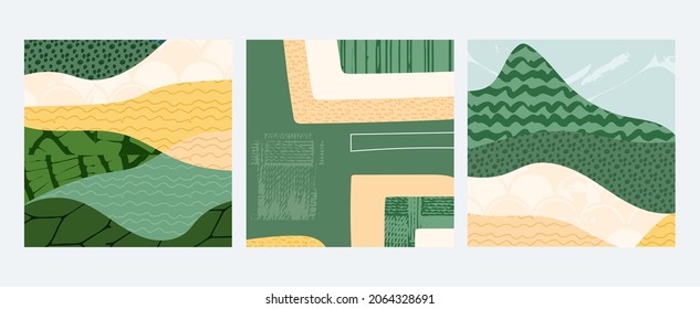 Set of abstract landscape vector social media background illustration. Countryside with colorful texture. Bundle of decorative eco cards. Nature, ecology, organic, environment postcard, poster design