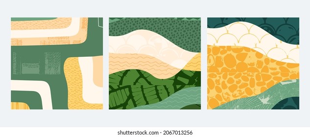 Conjunto de paisajes abstractos vectoriales ilustraciones de fondo de medios sociales. Campo con textura colorida. Paquete de tarjetas ecológicas decorativas. Naturaleza, ecología, orgánica, postal ambiental, diseño de afiches
