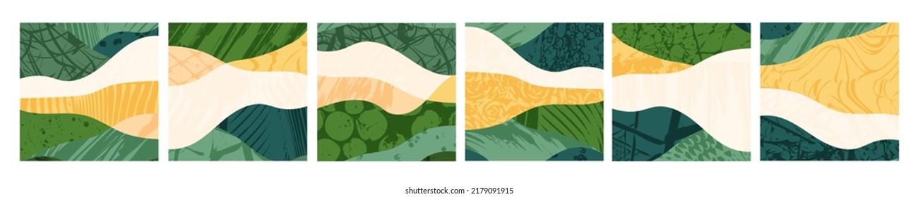 Set of abstract landscape vector social media background illustration. Countryside with colorful texture. Bundle of decorative eco cards. Nature, ecology, organic, environment postcard, poster design