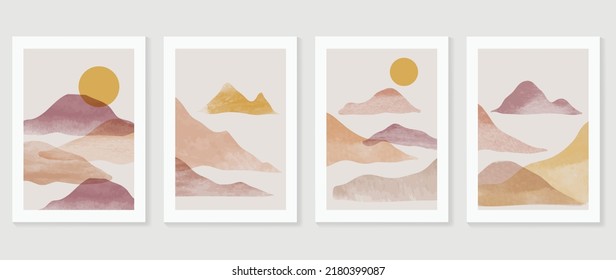 Set of abstract landscape wall art vector. Mountains, hills, sunset view, fall season in watercolor texture. Autumn season wall decoration collection design for interior, poster, cover, banner.