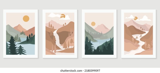 Set of abstract landscape wall art vector. Mountains, hills, sunset view, lake, waterfall, river in fall season. Autumn wall decoration collection design for interior, poster, cover, banner.