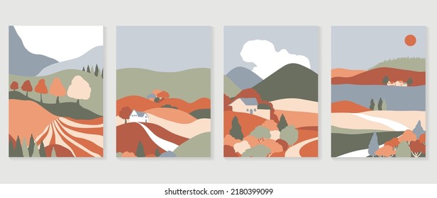 Set of abstract landscape wall art vector. Mountains, hills, field, meadow, village, forest in fall season. Autumn landscape wall decoration collection design for interior, poster, cover, banner.