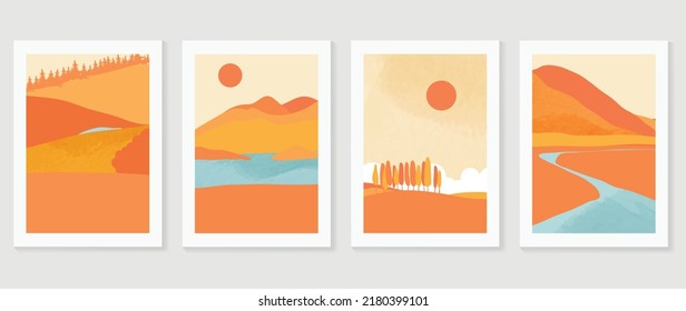 Set of abstract landscape wall art vector. Mountains, hills, field, river, sunset, forest in fall season. Autumn landscape wall decoration collection design for interior, poster, cover, banner.