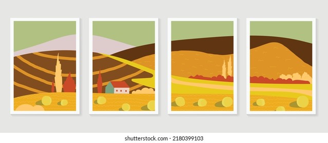 Set of abstract landscape wall art vector. Mountains, hills, village, panorama view of field in fall season. Autumn landscape wall decoration collection design for interior, poster, cover, banner.