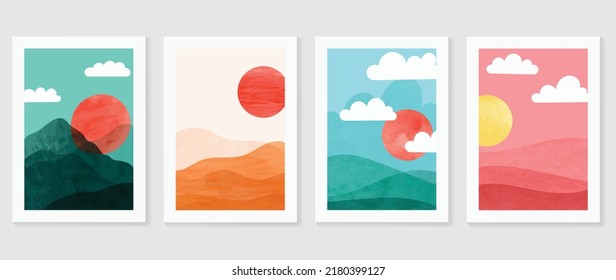 Set of abstract landscape wall art vector. Mountains, hills, sunset view, sky, fall season in watercolor texture. Autumn season wall decoration collection design for interior, poster, cover, banner.