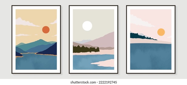 Set of abstract landscape wall arts vector collection. Scenic view of seashore, beach, sea, mountain, sun. Art design for wall decor, interior, poster, print, cover, wallpaper. Vector illustration.