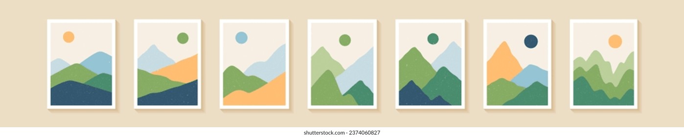 Set with abstract landscapes in boho style. Aesthetic natural backgrounds with sun, mountains and forest. Palette with green shades. Minimalistic vector illustration. 