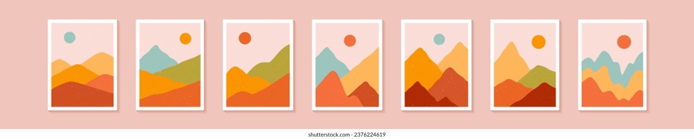 Set with abstract landscapes in boho style. Aesthetic natural backgrounds with sun, mountains and forest. Warm palette. Minimalistic vector illustration. 