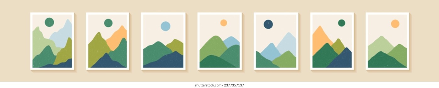 Set with abstract landscapes in boho style. Aesthetic natural backgrounds with sun, mountains and forest. Palette with green shades. Minimalistic vector illustration. 