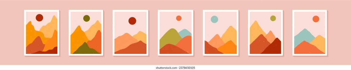 Set with abstract landscapes in boho style. Aesthetic natural backgrounds with sun, mountains and forest. Warm palette. Minimalistic vector illustration. 