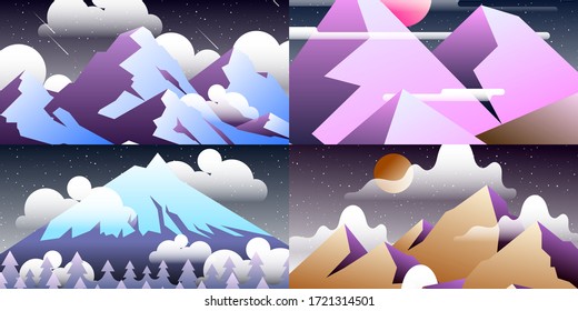 Set of abstract landscapes. Design templates in bright gradient colors with copy space for logo or text. Vector collection of screen or banner backgrounds