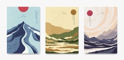 Eine Reihe Abstrakter Landschaften Im Japanischen Stil. Für Poster, Banner, Flyer, Cover.