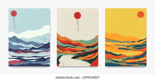 Un conjunto de paisajes abstractos al estilo japonés. Para afiches, pancartas, volantes, portadas.