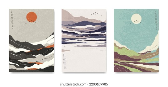 A set of abstract landscapes in Japanese style. For posters, banners, flyers, covers.