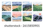 Set of abstract landscapes in minimal style. Modern hand drawn arts of nature. Views of meadows, mountains, sea beach, fields. Sceneries of sunset or sunrise in the sky. Flat vector illustrations