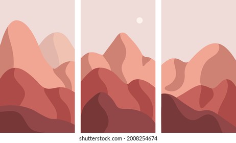 Conjunto de paisajes abstractos de cumbres montañosas. Fondo minimalista de colinas de color rojo, marrón, arenoso y terrenal. Desierto arenoso, dunas, montañas, picos. Ilustración vectorial plana. 