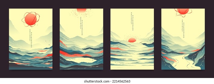 A set of abstract landscapes in oriental style. For posters, banners, flyers, covers.