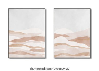 Set of abstract landscapes posters. Hills, sky, mountains. Minimal boho style. Pastel beige and brown colors. Design for wallpaper, wall decor, postcard, template, print, backdrop. Vector illustration