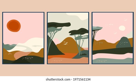 Set of abstract landscapes with valley,hills and sun.Mid century art.Contemporary posters with nature view.Summer holidays and travelling.Banner for cafe,salon.Hand drawn background