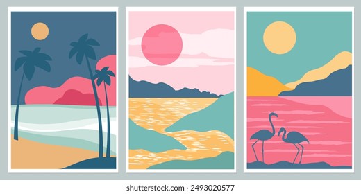 Conjunto de paisajes abstractos. Afiches de Vertical con un mar de palmeras Vector gráfico.