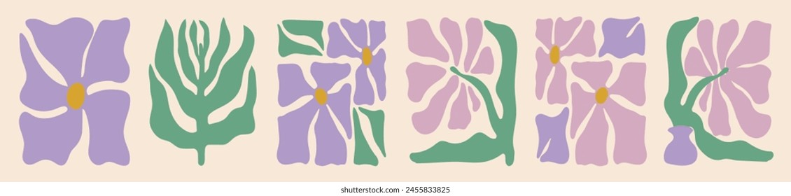 Conjunto de flores abstractas de lavanda. Garabatos orgánicos en color púrpura en estilo hippie retro naive de moda 60s 70s. Cartel y fondo modernos. 