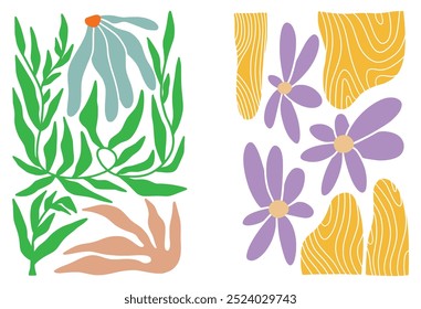 Set of abstract lavender flowers. Organic scribbles in color in trendy naive retro hippie style 60s 70s. Modern poster and background.