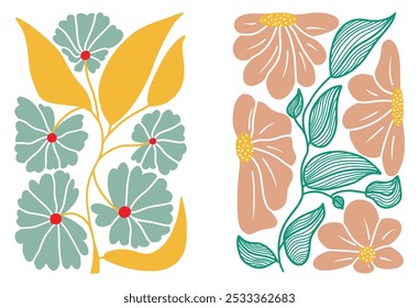 Set of abstract lavender flowers. Organic scribbles in color in trendy naive retro hippie style 60s 70s. Modern poster and background.