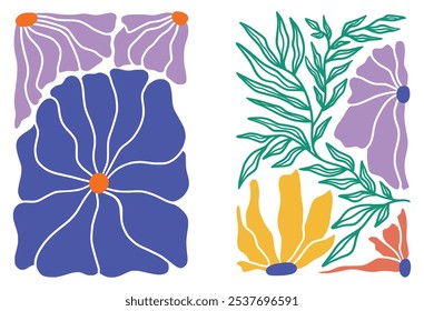 Set of abstract lavender flowers. Organic scribbles in color in trendy naive retro hippie style 60s 70s. Modern poster and background.