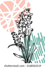 Set of Abstract Lavender Hand Painted Illustrations for Wall Decoration, minimalist flower in sketch style. Postcard, Social Media Banner, Brochure Cover Design Background. Modern Abstract Painting