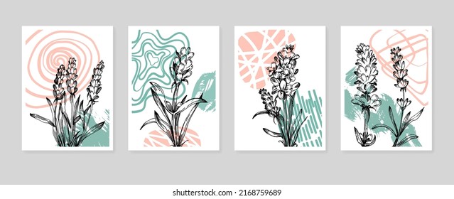 Conjunto de ilustraciones pintadas a mano de lavanda abstracta para la decoración de las paredes, flor minimalista con estilo de sketch. Postcard, Banner de medios sociales, Fondo de diseño de portada de folletos. Pintura abstracta moderna